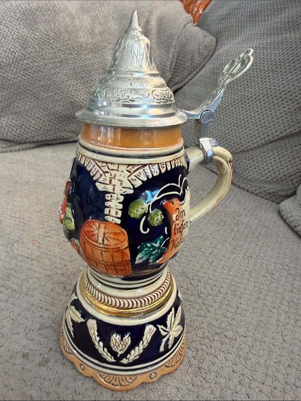 Traditional Ceramic Beer Stein in Dark Blue and Cream